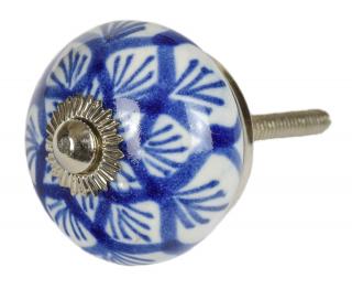 Sanu Babu Maľovaná porcelánová úchytka na šuplík, biela s modrou mandalou, priemer 3,7cm