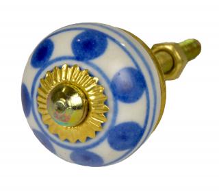 Sanu Babu Maľovaná porcelánová úchytka na šuplík, biela s modrými bodkami a prúžkami, 3cm
