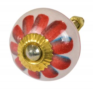 Sanu Babu Maľovaná porcelánová úchytka na šuplík, krémová, červená kvetina, 3,7cm