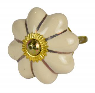 Sanu Babu Maľovaná porcelánová úchytka na šuplík, krémovo biela, zlatý dekor, priemer 4 cm
