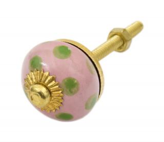 Sanu Babu Maľovaná porcelánová úchytka na šuplík, ružová so zelenými bodkami