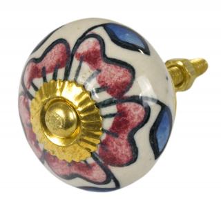 Sanu Babu Maľovaná porcelánová úchytka na šuplík, vínový kvet, modré lístky, 4cm