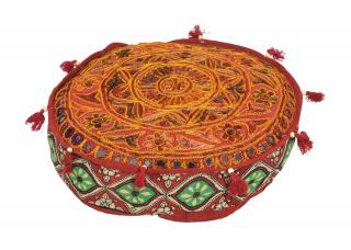 Sanu Babu Meditačný červený vankúš, ručne vyšívaný Gujarat Design, okrúhly, 40x12cm