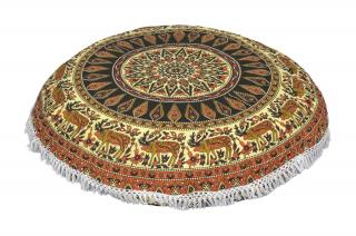 Sanu Babu Meditačný vankúš, okrúhly, 80x13cm, čierno-oranžový, mandala a jelene, strapce