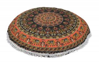 Sanu Babu Meditačný vankúš okrúhly, 80x13cm, čierno-oranžový, mandala a slony, strapce