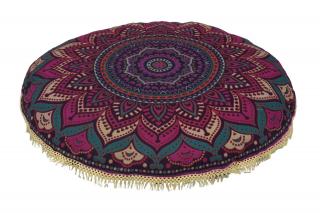 Sanu Babu Meditačný vankúš, okrúhly, 80x13cm, fialový, farebná mandala, béžové strapce