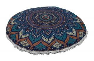 Sanu Babu Meditačný vankúš, okrúhly, 80x13cm, tmavo modrý, farebná mandala, biele strapce