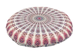 Sanu Babu Meditačný vankúš, okrúhly, bielo-ružový, mandala pávie perá, 80x10cm
