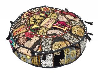 Sanu Babu Meditačný vankúš patchworkový ručne vyšívaný, okrúhly 40x12cm (9B)