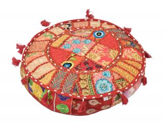 Sanu Babu Meditačný vankúš patchworkový ručne vyšívaný, okrúhly 40x12cm (9K)