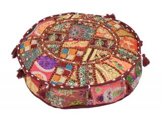 Sanu Babu Meditačný vankúš patchworkový ručne vyšívaný, okrúhly 40x12cm (9N)