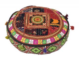 Sanu Babu Meditačný vankúš, ručne vyšívaný Gujarat Design, okrúhly 40x12cm