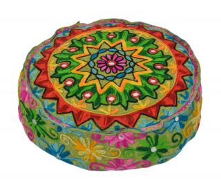Sanu Babu Meditačný vankúš, ručne vyšívaný Kashmir Floral Design, okrúhly 40x12cm (6T)