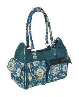 Sanu Babu Modrá bavlnená kabelka s potlačou mandál, na zips, 34x17x27cm + 25cm ucha