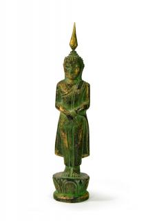 Sanu Babu Narodeninový Budha, nedeľa, teak, zelená patina, 23cm