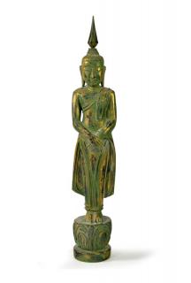 Sanu Babu Narodeninový Budha, nedeľa, teak, zelená patina, 35cm