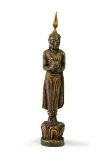 Sanu Babu Narodeninový Budha, streda, teak, čierno-zlatá patina, 26cm
