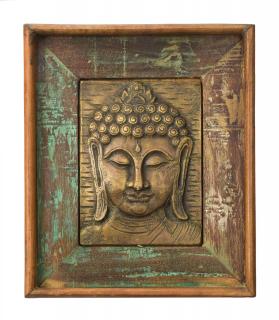 Sanu Babu Obraz recyklovaného teakového dreva, relief Budhu z tepaného kovu, 25x3x29cm (AB)