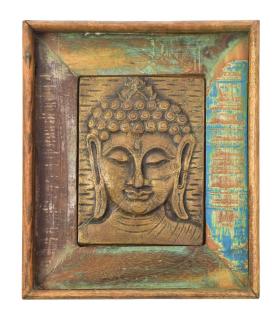 Sanu Babu Obraz recyklovaného teakového dreva, relief Budhu z tepaného kovu, 25x3x29cm (AD)