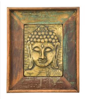 Sanu Babu Obraz recyklovaného teakového dreva, relief Budhu z tepaného kovu, 25x3x29cm (AH)