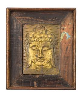 Sanu Babu Obraz recyklovaného teakového dreva, relief Budhu z tepaného kovu, 25x3x29cm (AK)