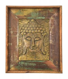Sanu Babu Obraz recyklovaného teakového dreva, relief Budhu z tepaného kovu, 25x3x29cm (AL)