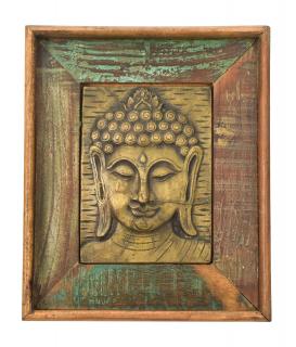 Sanu Babu Obraz recyklovaného teakového dreva, relief Budhu z tepaného kovu, 25x3x29cm (AP)