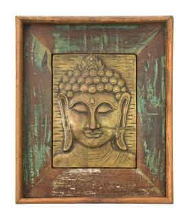 Sanu Babu Obraz recyklovaného teakového dreva, relief Budhu z tepaného kovu, 25x3x29cm (AT)
