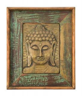 Sanu Babu Obraz recyklovaného teakového dreva, relief Budhu z tepaného kovu, 25x3x29cm (AW)