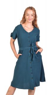 Sanu Babu Petrolejové šaty s krátkym rukávom, midi dĺžka, vrecká, zapínacie s opaskom S/M