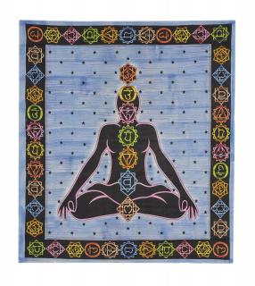 Sanu Babu Prehoz na posteľ modrý s čiernou potlačou Chakra Yoga 210x240cm