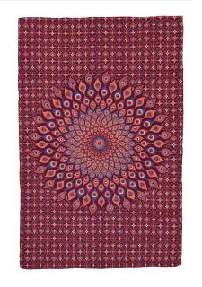 Sanu Babu Prehoz na posteľ, vínovo-oranžový, Mandala pávie perá 200x130cm