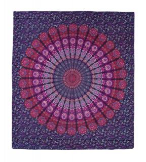 Sanu Babu Prikrývka na posteľ, farebná pávie mandala, 230x202cm, fialovo-ružový