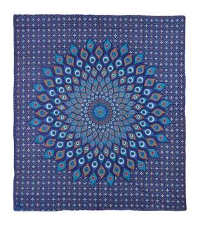 Sanu Babu Prikrývka na posteľ, pestrofarebná pávie mandala, 230x202cm, modro-tyrkysová