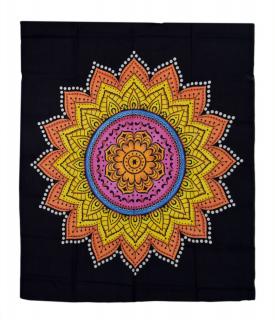 Sanu Babu Prikrývka na posteľ, potlač farebné Mandaly na čierne 210x230cm