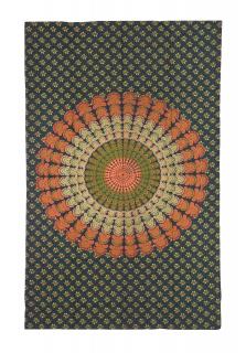 Sanu Babu Prikrývka na posteľ s potlačou "Barmeri round mandala", modro-zelený 130x210cm