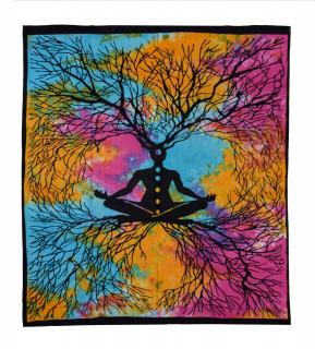Sanu Babu Prikrývka na posteľ s potlačou Yoga a čakry, farebná batika 210x230cm