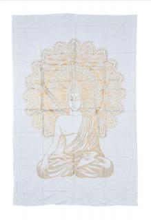 Sanu Babu Prikrývka na posteľ s tlačou, biela a zlatá tlač, Budha, 140x210cm