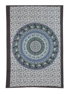 Sanu Babu Prikrývka na posteľ s tlačou, modro-čierny, slony a jelene, mandala, 130x210cm (6E)