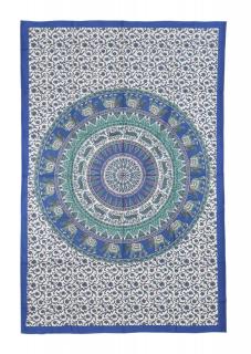 Sanu Babu Prikrývka na posteľ s tlačou, modro-čierny, slony a jelene, mandala, 130x210cm (6F)