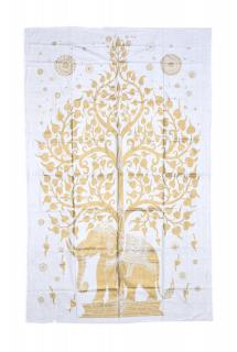 Sanu Babu Prikrývka s tlačou, biela, zlatá tlač, strom života, 205x132cm