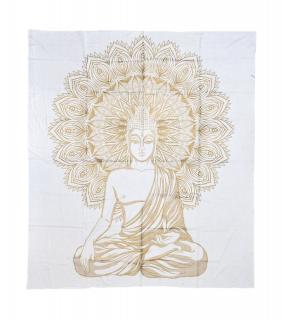 Sanu Babu Prikrývka s tlačou, Budha, bielo-zlatý, 228x210 cm