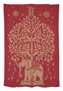 Sanu Babu Prikrývka s tlačou, červená, zlatá tlač strom života a slon, 137x205cm