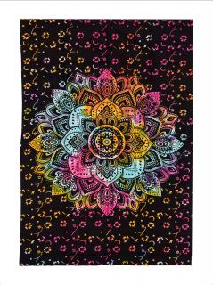 Sanu Babu Prikrývka s tlačou dúhovej Mandaly, čierny podklad 130x210cm (5B)