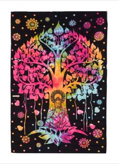 Sanu Babu Prikrývka s tlačou dúhový strom života a Budha, čierny podklad 130x210cm