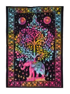 Sanu Babu Prikrývka s tlačou dúhový strom života a slon, čierny podklad 130x210cm