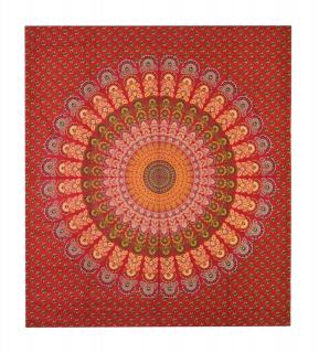 Sanu Babu Prikrývka s tlačou farebná Mandala, červená 200x230cm