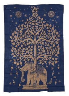 Sanu Babu Prikrývka s tlačou, modrá, zlatá tlač strom života a slon, 140x206cm