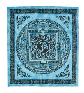Sanu Babu Prikrývka s tlačou Óm Mandala s čakrami, čierno-tyrkysový 200x230cm