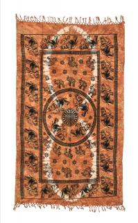 Sanu Babu Prikrývka s tlačou, sloní Mandala, hnedá batika, strapce 140x220 cm